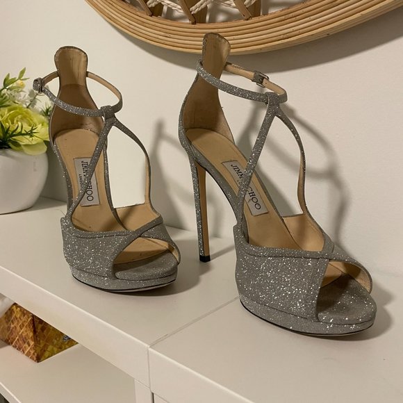 Jimmy Choo Metallic Silver Glitter Sandals - Picture 2 of 8